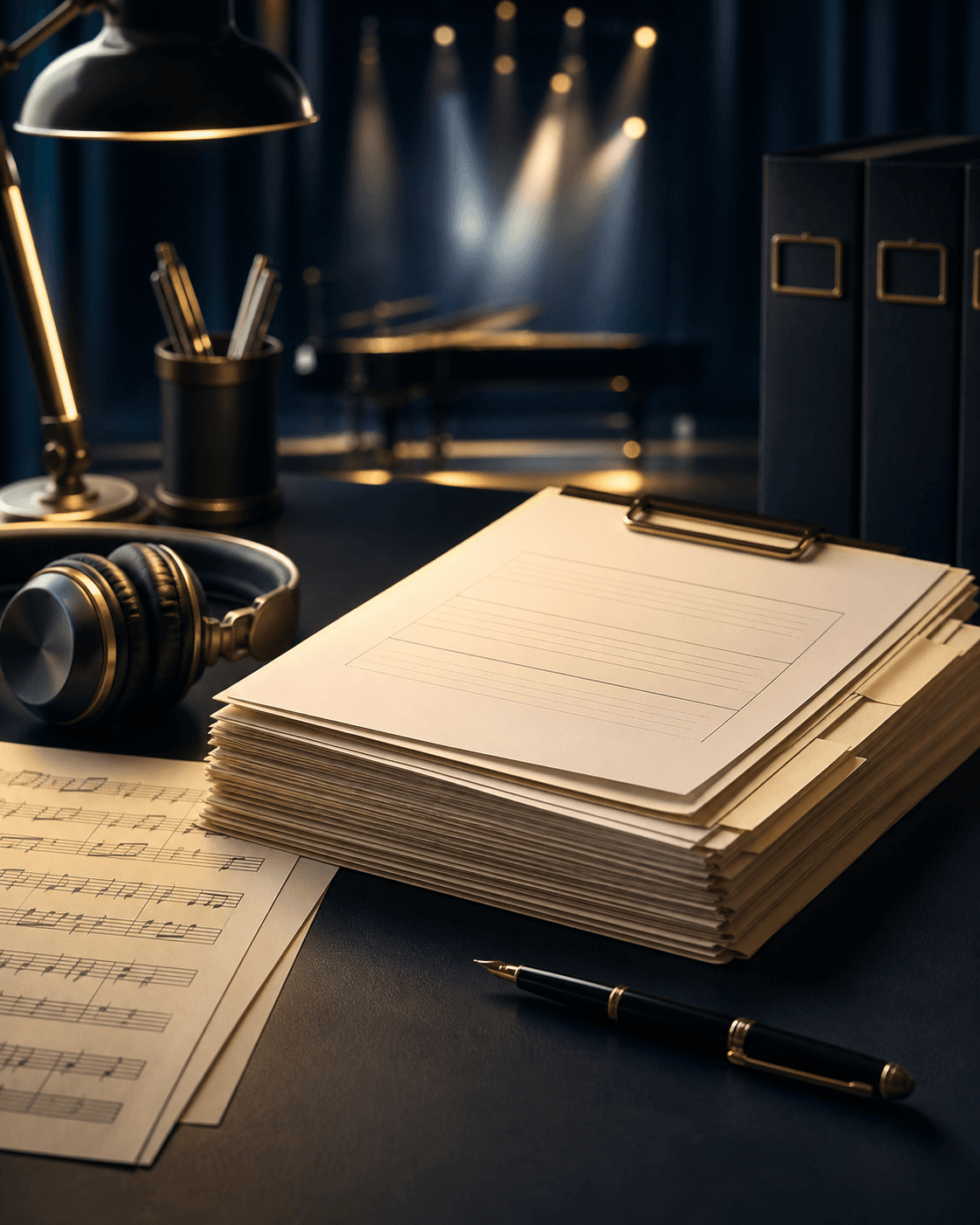 Musikunterlagen und Kopfhörer als Symbol für dokumentierte Nutzungsrechte