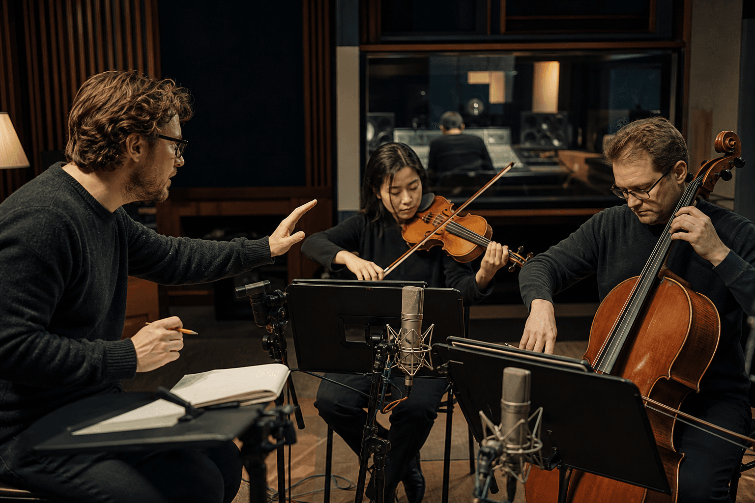 Komponist arbeitet mit Geigerin und Cellist im Aufnahmestudio