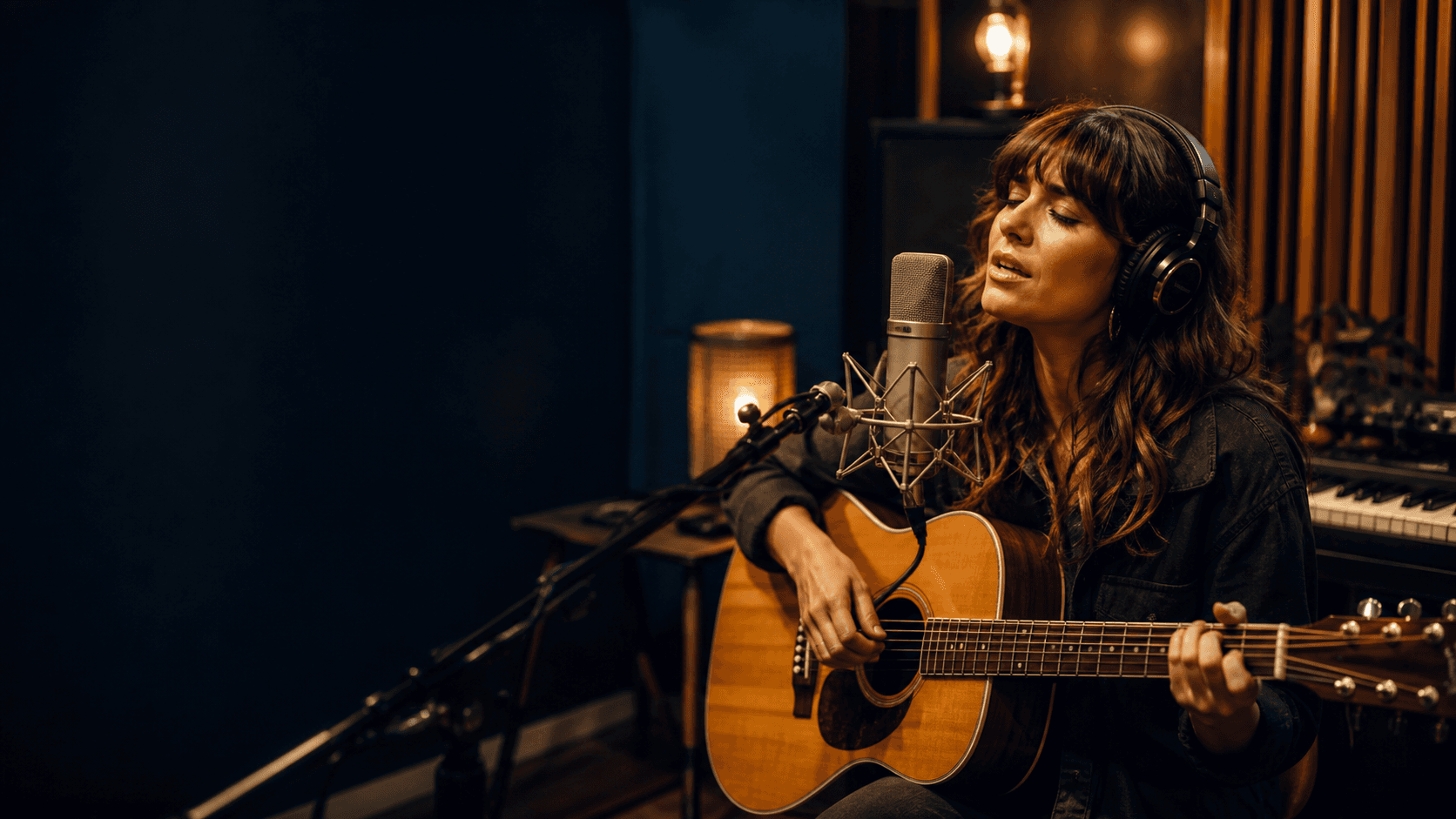 Singer-Songwriterin singt im Studio und spielt akustische Gitarre