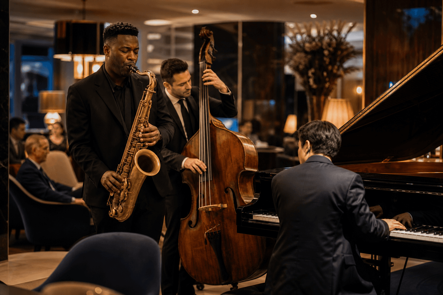 Jazz-Trio mit Saxofon, Kontrabass und Klavier in einer Hotellounge